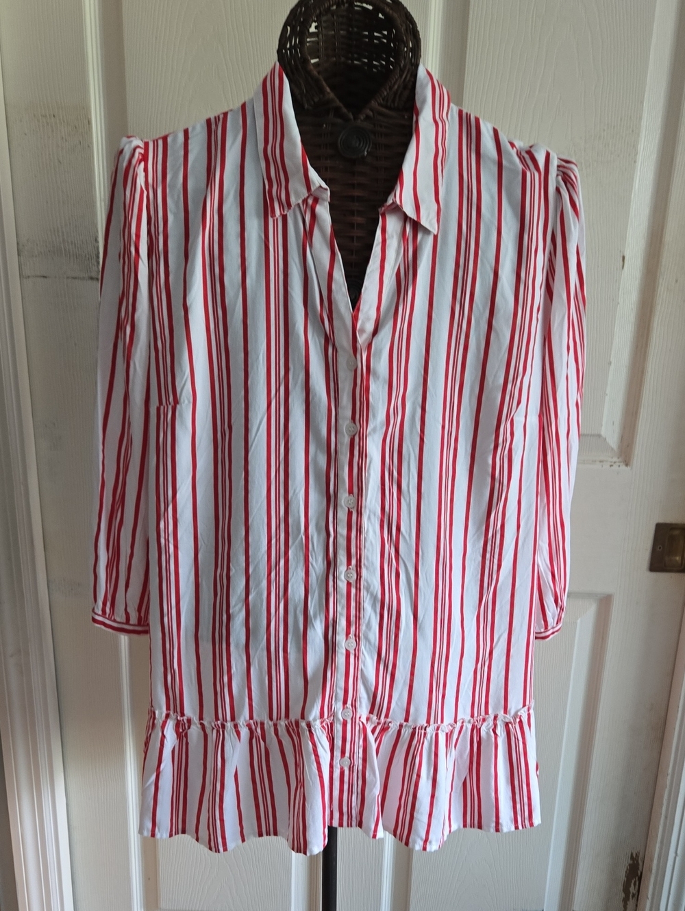 Cato Red & White Striped Button-Front Long Sleeve Blouse-Size XL